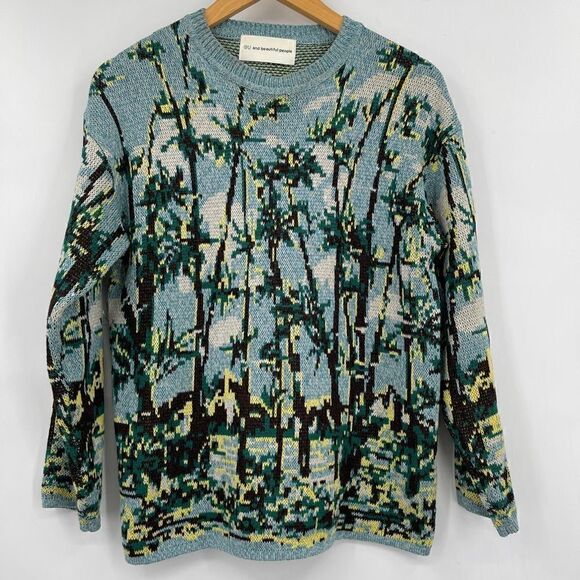 Gu and Beautiful People Green Blue Hawaiian Graphic Knit Pullover Sweater Size S - Picture 1 of 6